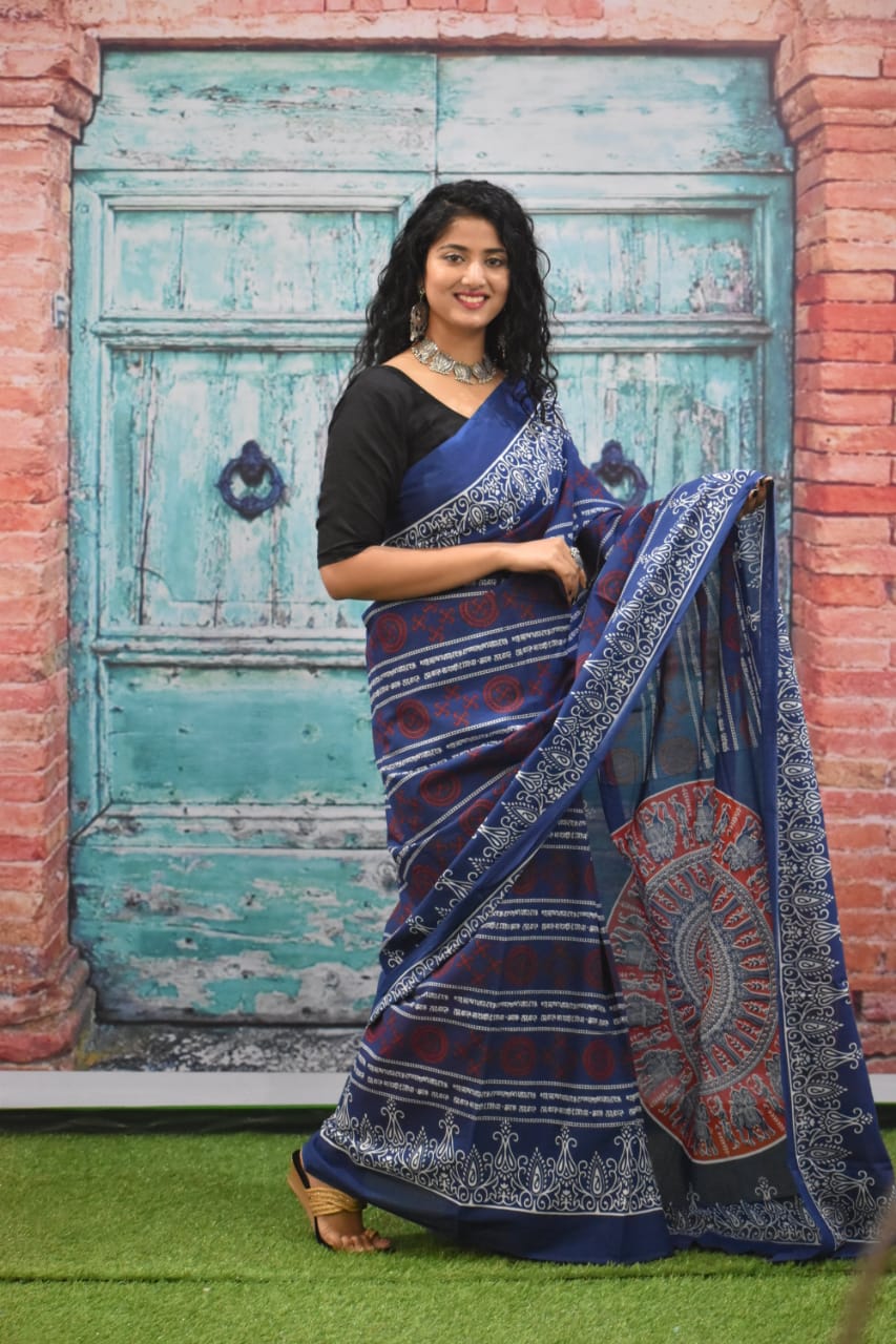 NIKHILAM Jaipuri Printed Cotton Mulmul Saree with Blouse Piece For ...