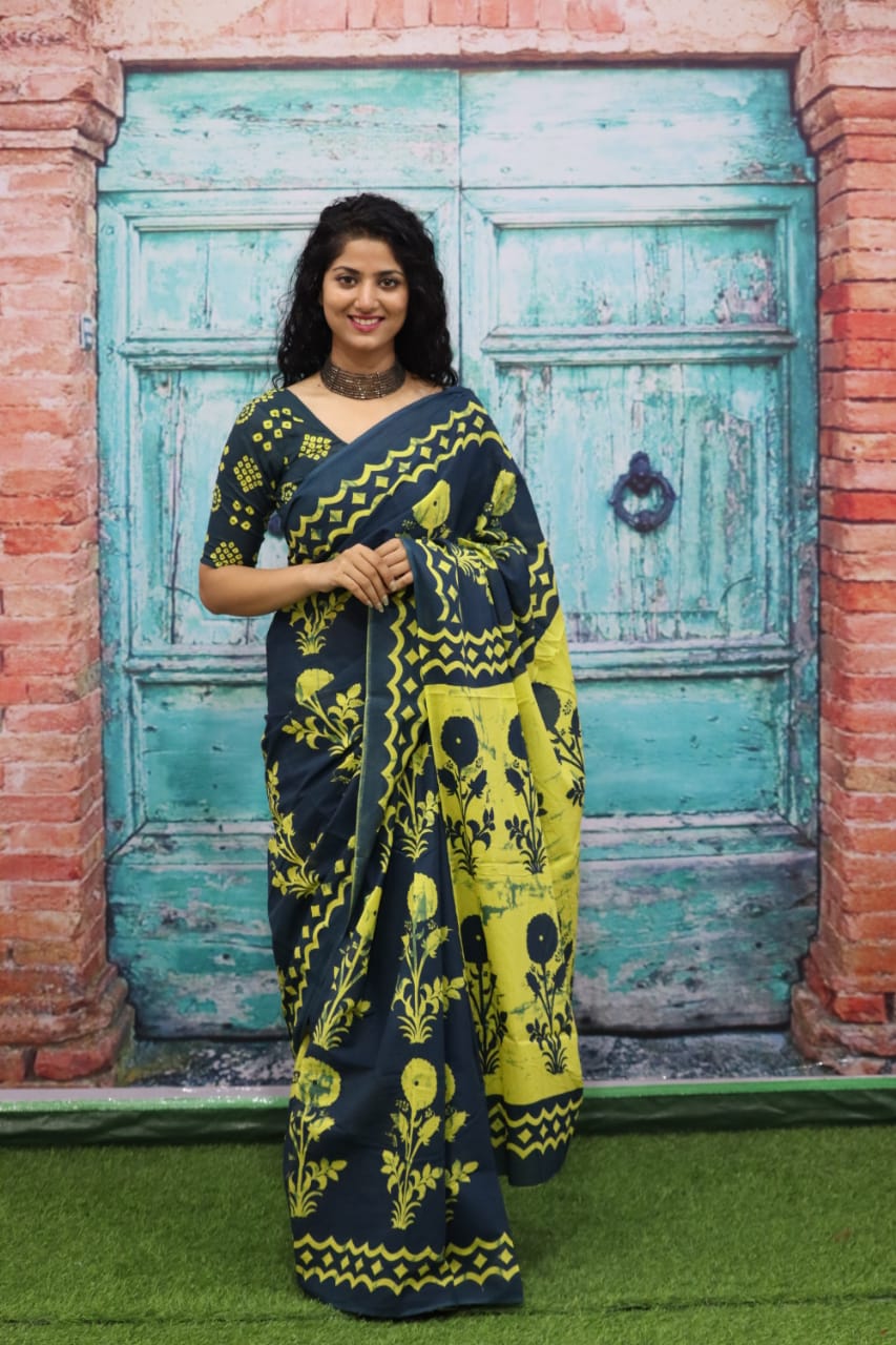 NIKHILAM Jaipuri Printed Cotton Mulmul Saree with Blouse Piece For Woman  FREE SHIPPING